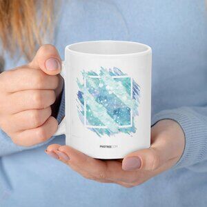 White Ceramic Mug with Aqua Blue Abstract Square Design